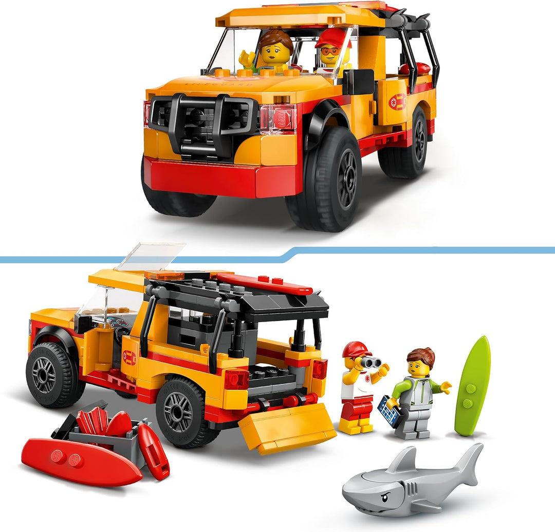 LEGO City Einsatzfahrzeug der Rettungsschwimmer - Geländewagen Spielzeug mit 2 Minifiguren und Hai -
