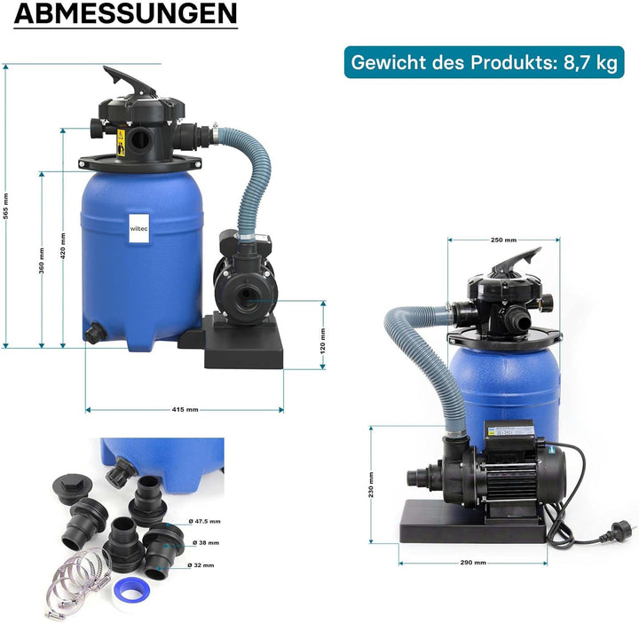 Wiltec Sandfilteranlage 180W mit 14l Filtertank und selbstansaugender Pumpe 9000 l/h, Sandfilterpump
