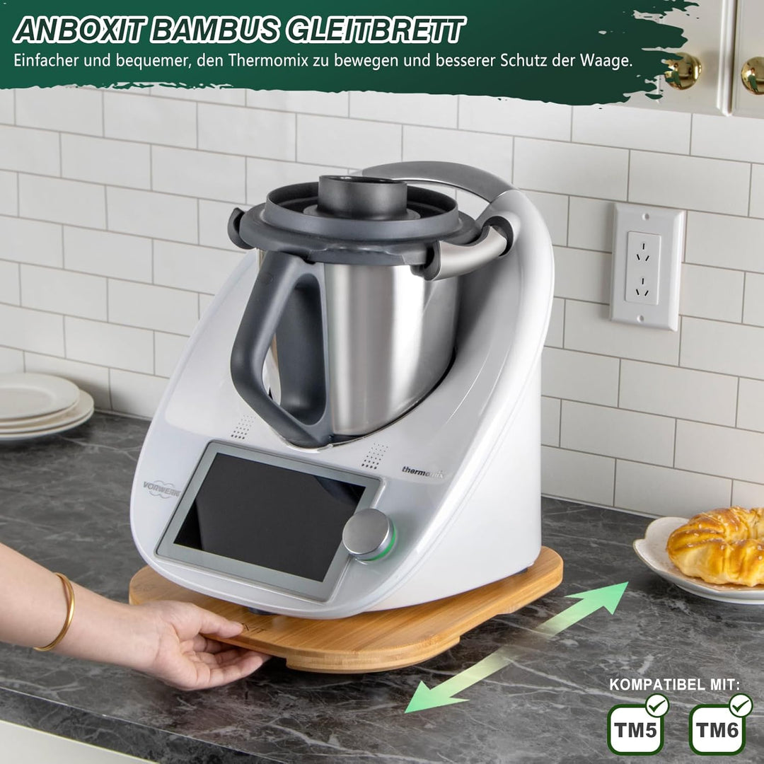 ANBOXIT Gleitbrett für Thermomix TM6/TM5, Brett für Thermomix mit Rollen, Leicht Gleitendes Bambus R