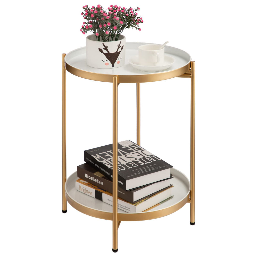 HollyHOME Runder Beistelltisch, 2 Ebenen Beistelltisch Metalltablett, Snacktisch, Couchtisch, Teetis