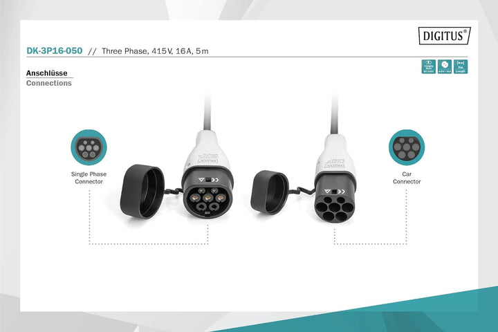 DIGITUS Mode 3 Ladekabel für Elektroautos & PHEV – 5 m – Typ 2 auf Typ 2 – 3-Phasig – 16 A – 11 kW –