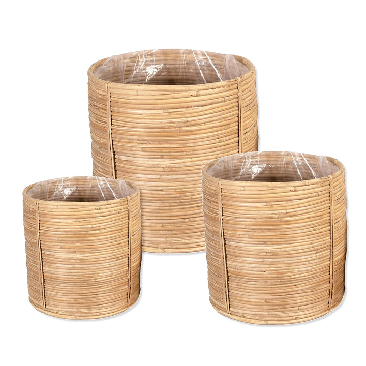 DARO DEKO Rattan Korb Topf 3er Set rund Blumentopf geflochten Aufbewahrungskorb Übertopf Blumenkorb,