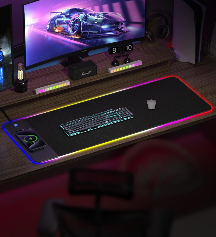 RGB-Gaming-Mauspad mit 15 W kabelloser Aufladung,XXL grosses LED-Schreibtischpad mit 14 Lichtmodi,er