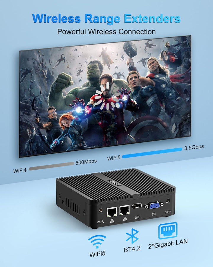 FANPEEC Lüfterloser Mini PC J5005 (bis zu 2,80 GHz) 16GB DDR4 512GB MSATA SSD, Industrie PC HD + VGA