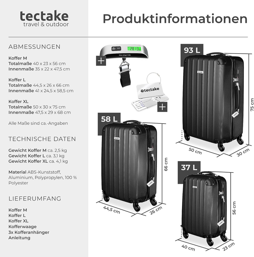 tectake® 3er Kofferset mit Kofferwaage & Kofferanhänger, Reisekoffer Set, ABS Hartschalenkoffer Set,