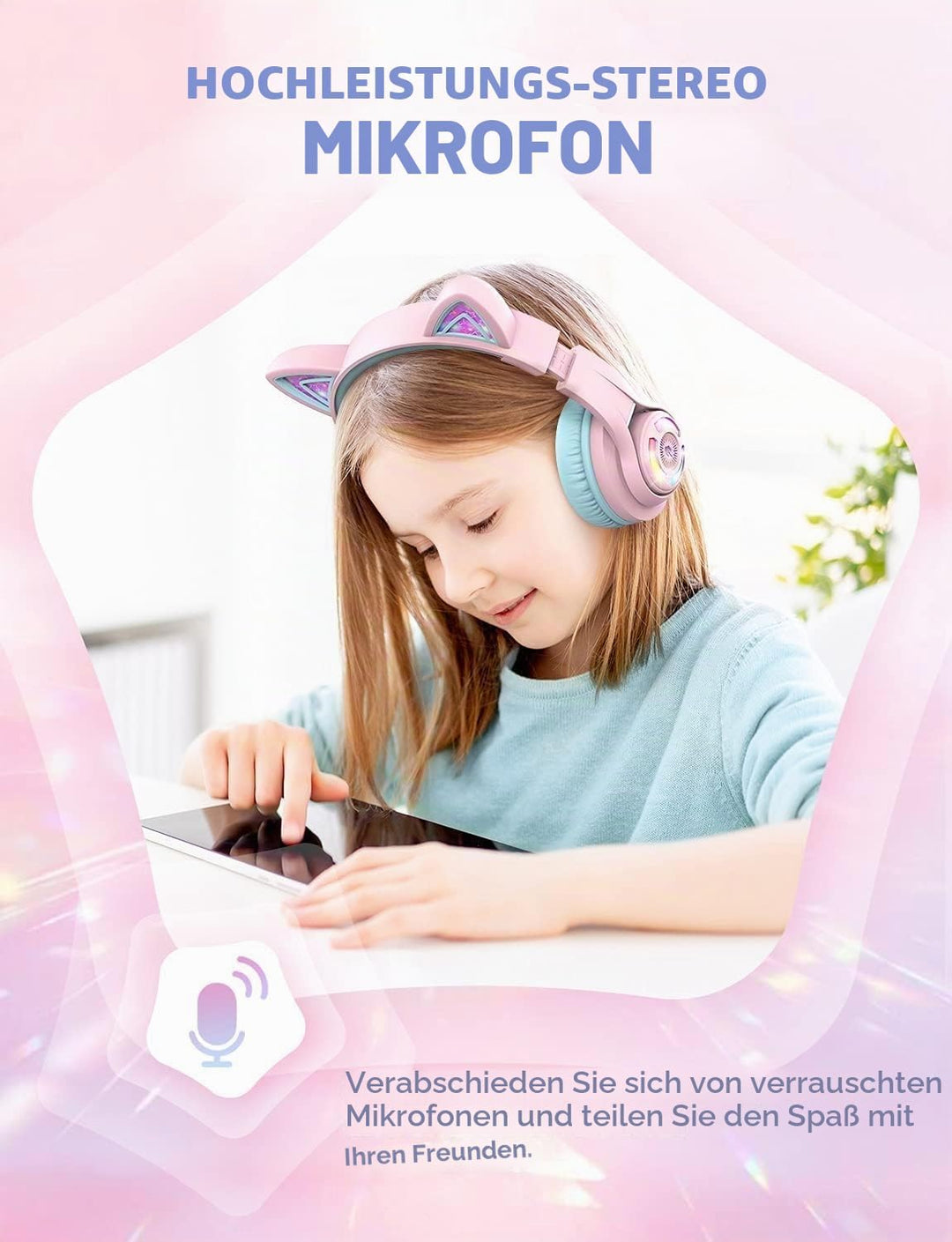 iClever Bluetooth Kopfhörer Kinder, Katzenohr LED Leuchten, Kabellose Kinder Kopfhörer über dem Ohr