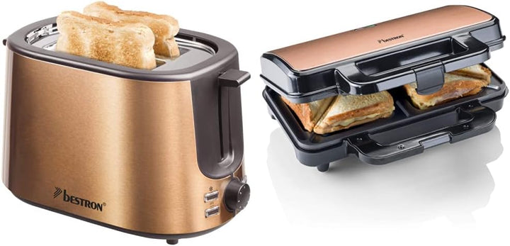 Bestron Toaster mit 2 Röstkammern, 1.000 W, Edelstahl in Kupfer-Optik & ASM90XLCO XL Sandwichmaker,
