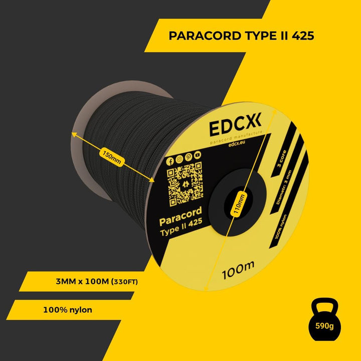 EdcX 3mm Nylon Paracord 425 (50 und 100m) - Typ II, 100% Nylonseil, 3 Litzen Seil, 3mm Nylonseil in