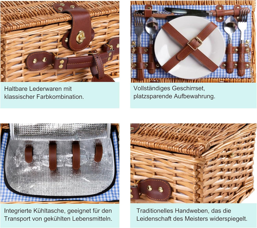 eGenuss Handgefertigtes Picknickkorb für 2 Personen – Kühlfach, Multifunktionsmesser, Edelstahlbeste