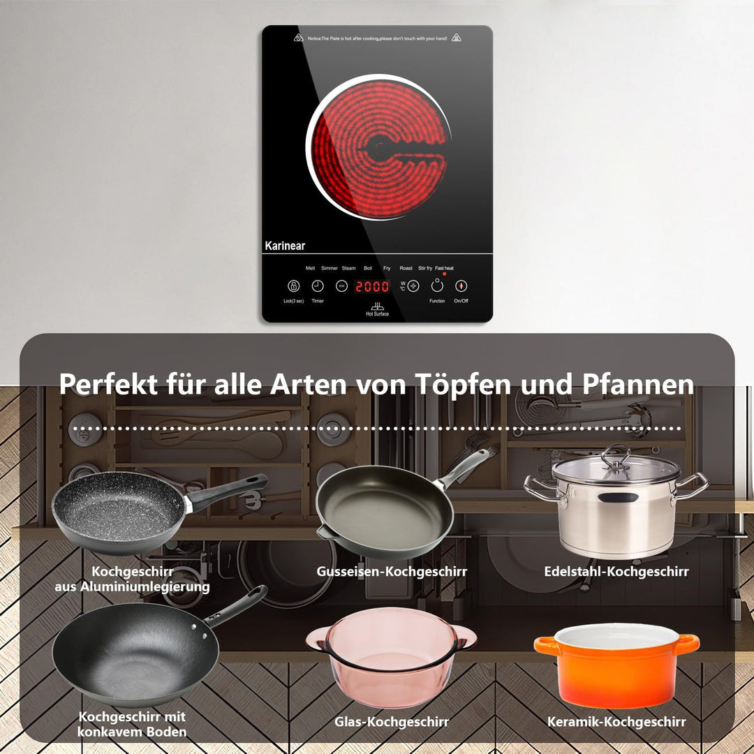 Karinear Glaskeramik Kochfeld 1 Platte Tragbar, 650 °C Max, Keramik Kochfeld Kochplatte 1er Freisteh