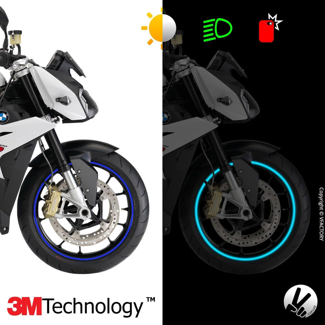 VFLUO - Kit Reflektierende Felgenrandaufkleber Motorrad, Aufkleber für 1 Rad 3M™-Technologie™, 360°-