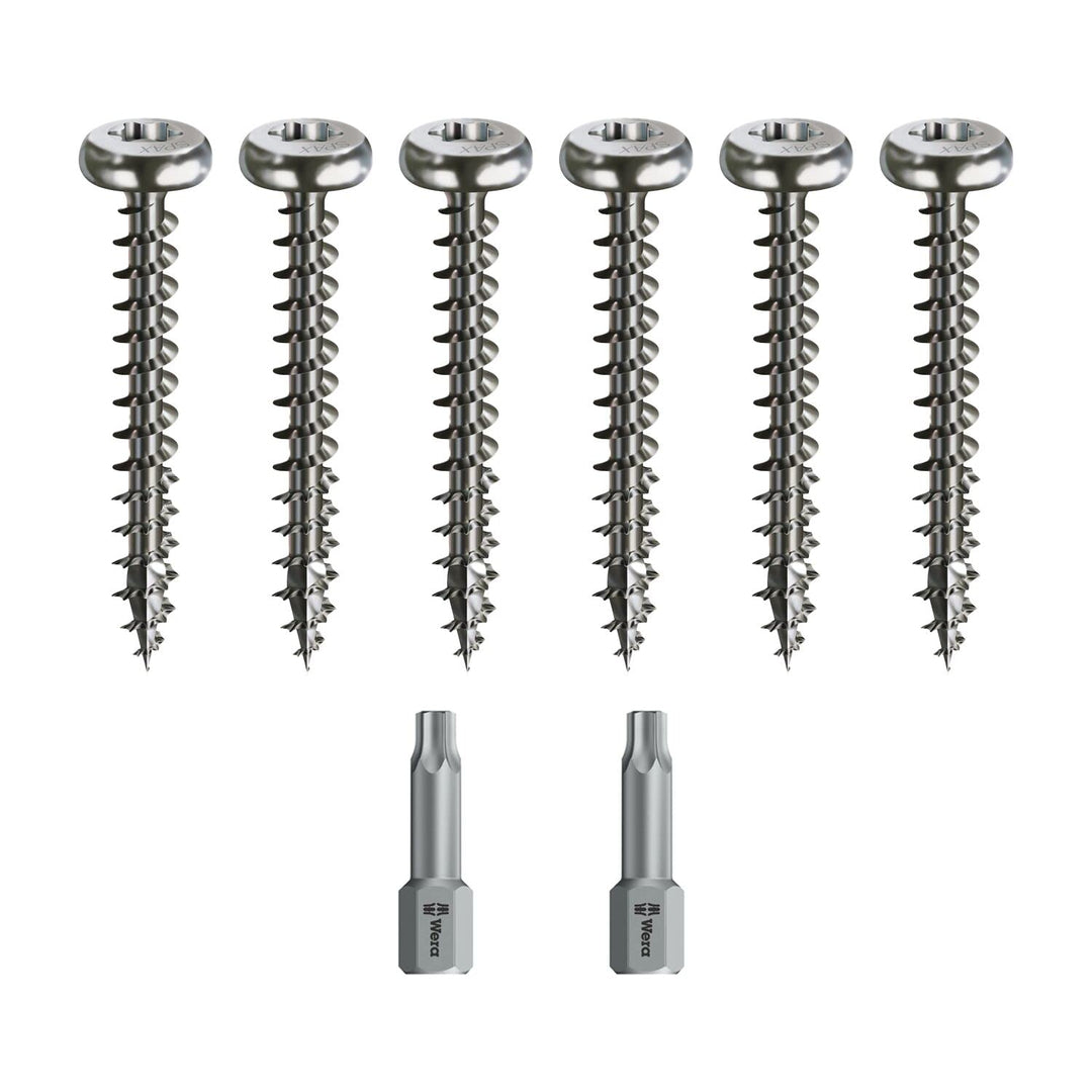 Spax Holzschrauben-SET Vollgewinde + Torx Bit | 6 Grössen: 3x20; 3x30; 4x35; 4x45; 5x30; 5x40 | Edel