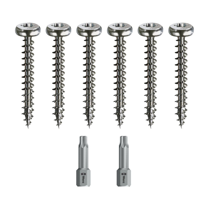 Spax Holzschrauben-SET Vollgewinde + Torx Bit | 6 Grössen: 3x20; 3x30; 4x35; 4x45; 5x30; 5x40 | Edel