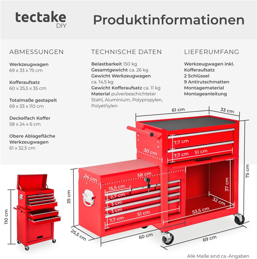 tectake Werkstattwagen Trolley mit Kofferaufsatz, Werkzeug Wagen abschliessbar, 10 Fächer, Mobile We