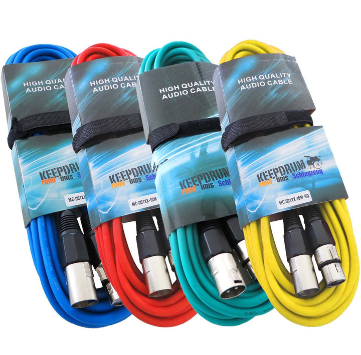 keepdrum 4x Mikrofonkabel SET 10m XLR 4 Farben Rot Blau Grün Gelb