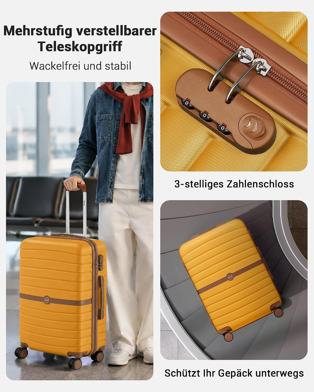 KONO Mittelgrosser Reisekoffer 62L ABS+PC Hartschalenkoffer L Gelb/Braun Mittler Koffer, Gelb/Braun