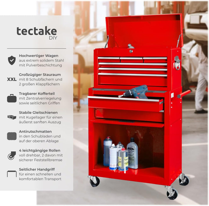 tectake Werkstattwagen Trolley mit Kofferaufsatz, Werkzeug Wagen abschliessbar, 10 Fächer, Mobile We
