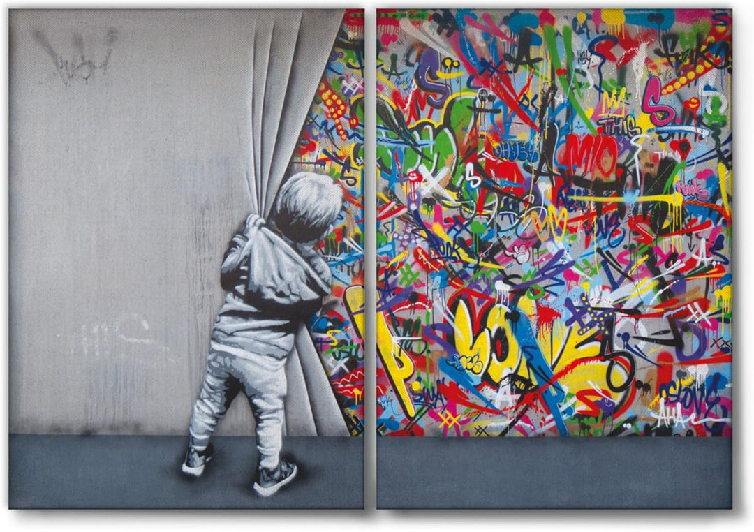 Giallobus - Grosse Gemälde im XXL-Format - Banksy - Street Art - Kind öffnet den Vorhang - Leinwand