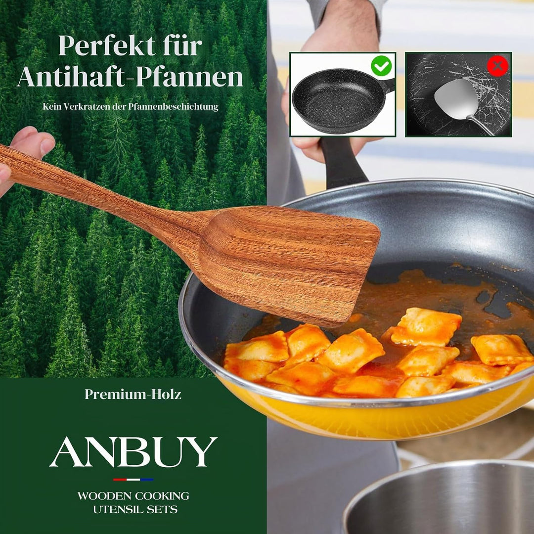 ANBUY Teakholz-Küchenutensilien-Set, hochbeständige Holzlöffel zum Kochen, antihaftbeschichtet, Koch