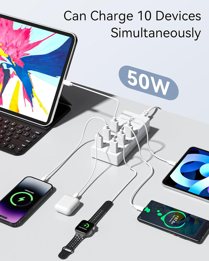 USB Ladegerät Mehrfach, Binamao 50W USB Ladegerät 10-Port Multi USB Netzteil, USB-A Ladestation Mehr