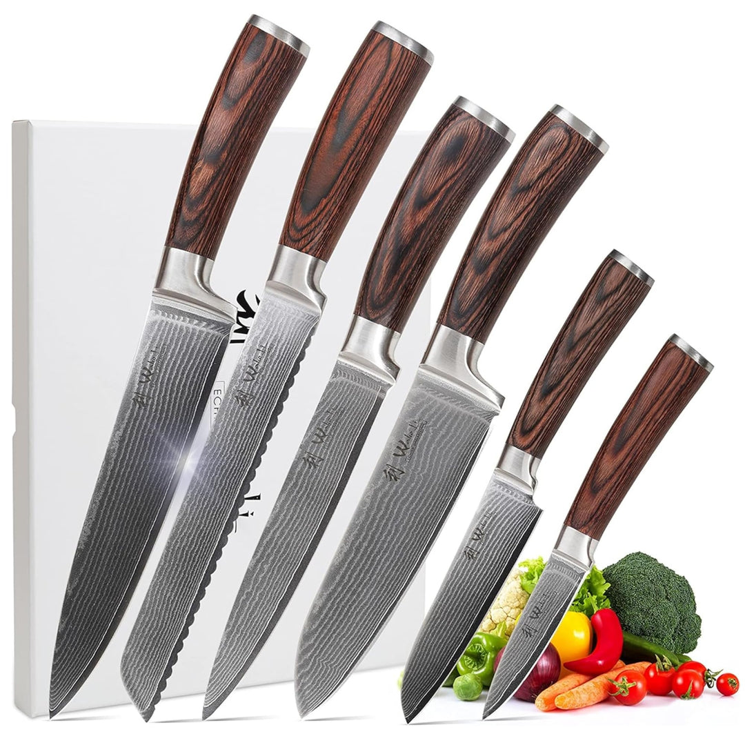 Wakoli EDIB Damastmesser Set 6-teilig mit Gravur Küchenmesser Set aus 67 Lagen Damaststahl mit VG10-