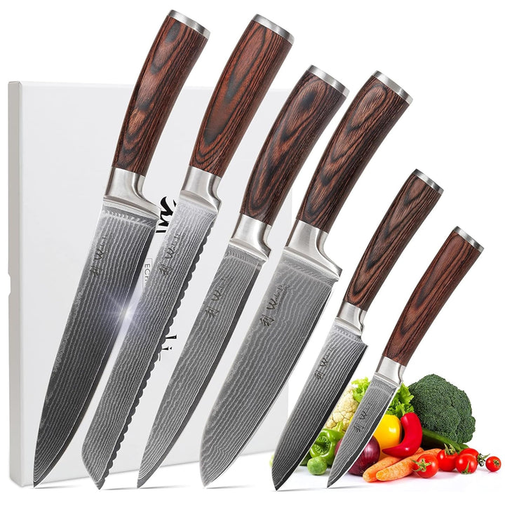 Wakoli EDIB Damastmesser Set 6-teilig mit Gravur Küchenmesser Set aus 67 Lagen Damaststahl mit VG10-