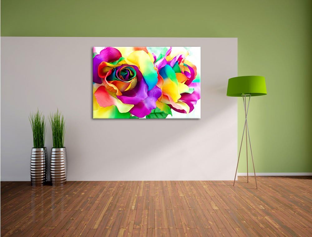 Kunterbunte Rosen Format: 100x70 auf Leinwand, XXL riesige Bilder fertig gerahmt mit Keilrahmen, Kun