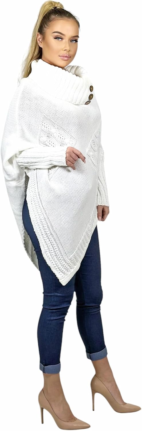 Mississhop Poncho Strick Sweatshirt Pullover Umhang Überwurf Einheitsgrösse Weiss, Einheitsgrösse We
