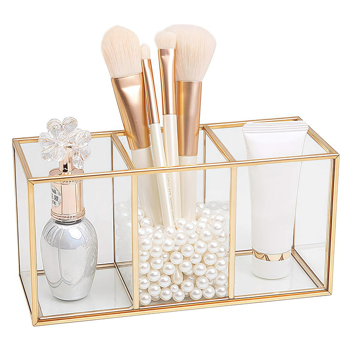 Make up Organizer, Pinselhalter, Stifthalter, Glas und Messing Schreibtisch Organizer, Kosmetik Aufb