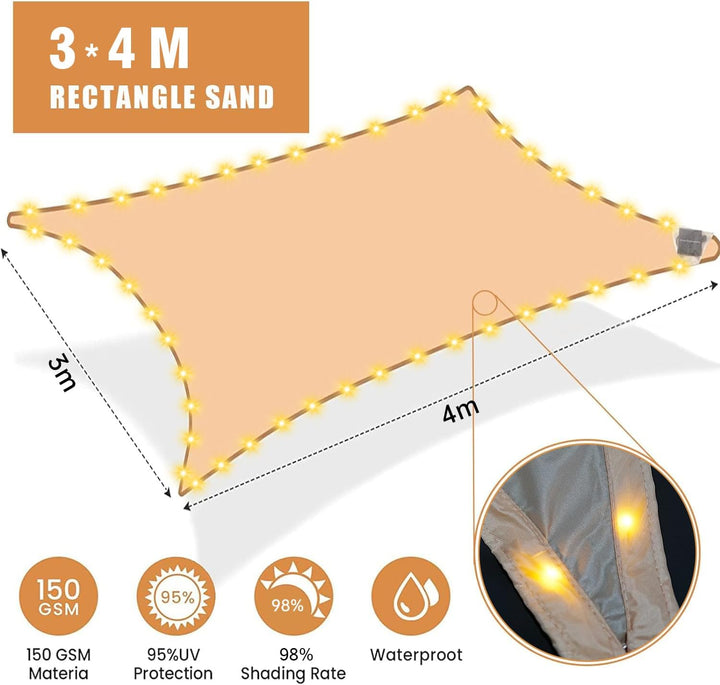 wasserdichte-Sonnensegel 3x4m mit eingebauter LED-Solar-Lichterkette, 98% UV-Schutz, reiBfest, wette