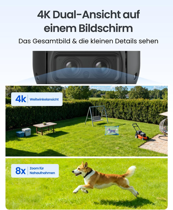 Reolink 4K PTZ Überwachungskamera Aussen Akku mit Auto-Tracking &amp; Auto-Zoom | Dual Lens, Dual-Band W