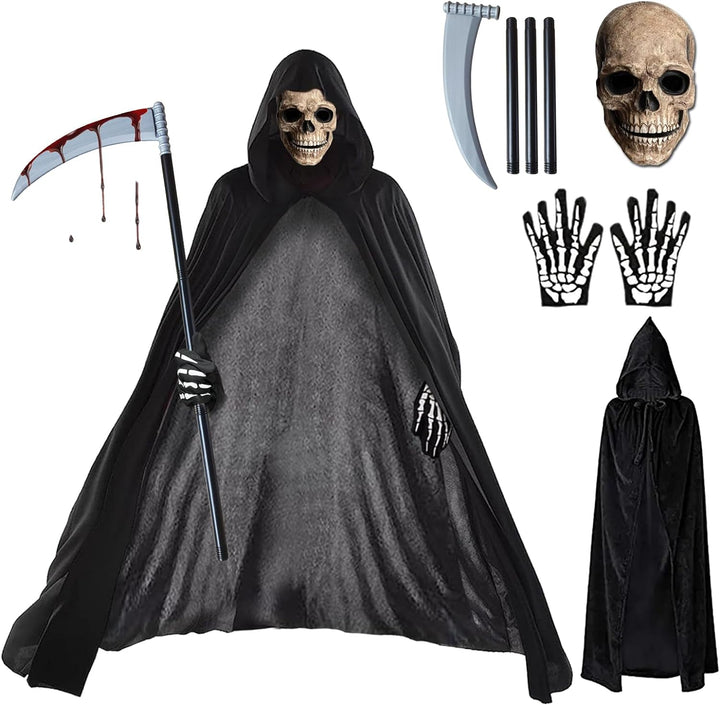 BARVERE Sensenmann Kostüm, Totenkopf Maske Set mit Sensemann Umhang, Halloween Sense und Handschuhe,