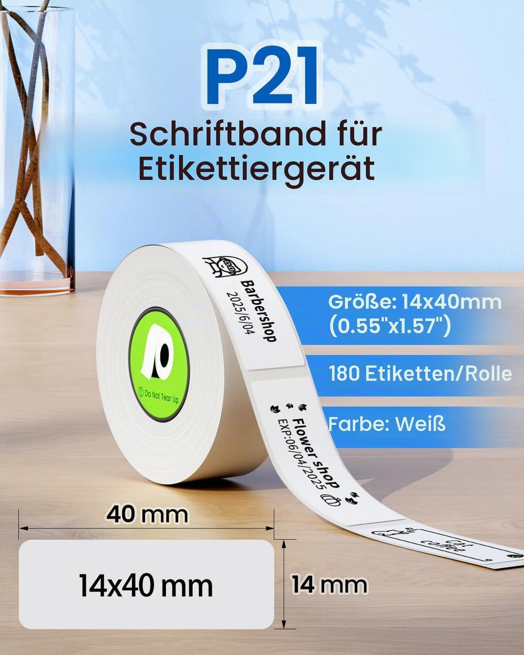 P21 Label Maker Tape kompatibel mit Nelko P21 Label Maker, 14x40mm, 180 Tapes/Roll, 4-Rollen, Weiss,