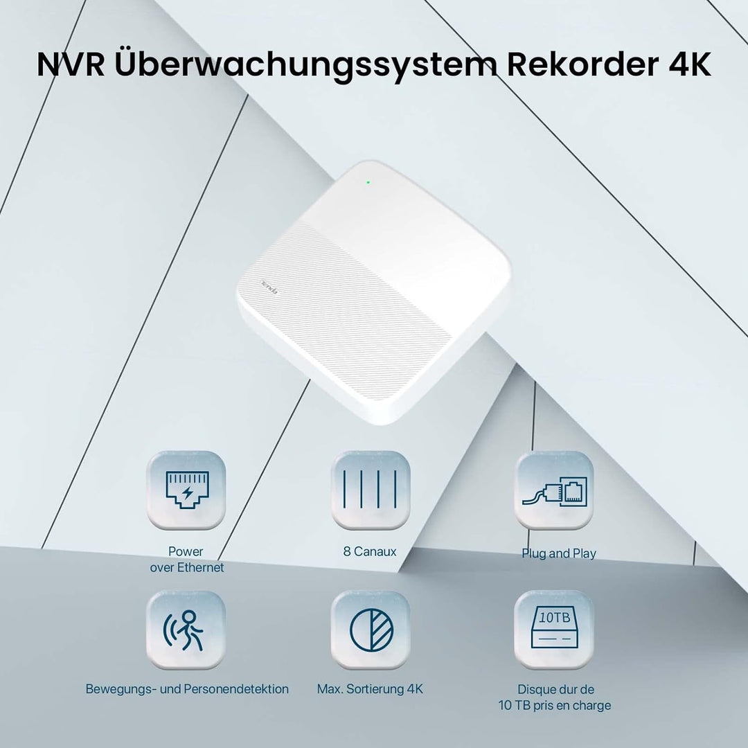 Tenda NVR Überwachungssystem Rekorder 4K, 8CH PoE NVR Recorder, 250m Langstreckenübertragung, H.265+