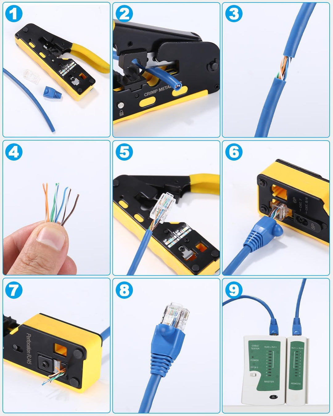 Netzwerk Werkzeug Set Pass Through RJ45 Crimpzange Cat5 6 7 mit Tester | Abisolierzange + 50x Cat6 S