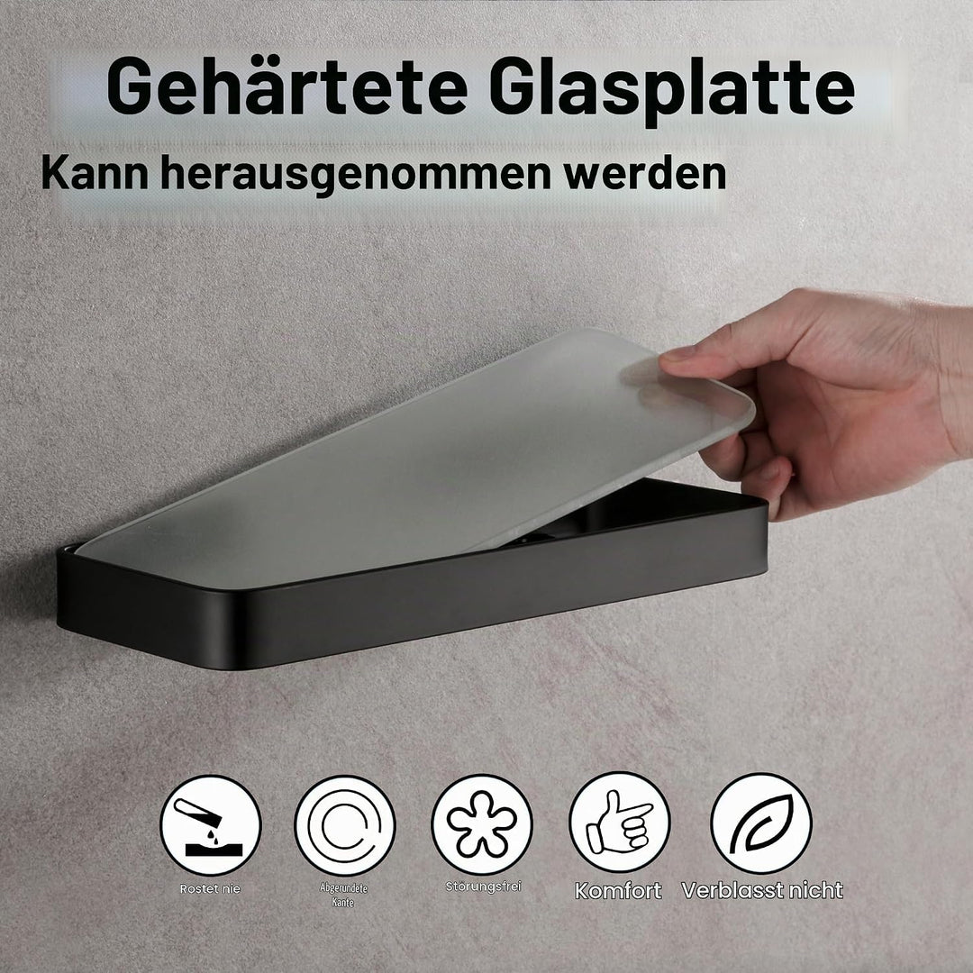 DUFU Selbstklebendes Duschregal Ohne Bohren - Raumfahrt-Aluminium-Korb mit Gehärtetem Glas | 30cm Sc