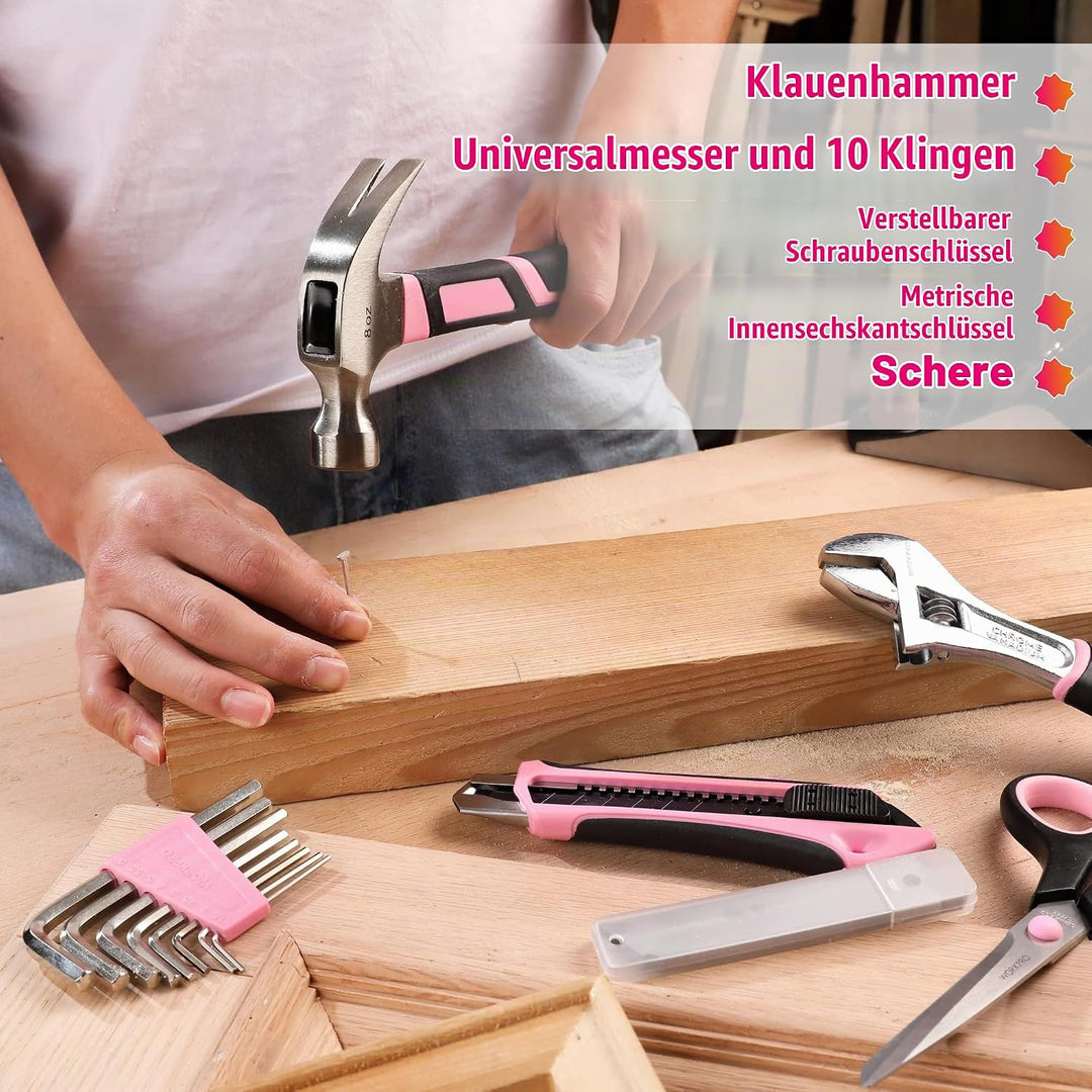 WORKPRO 53-tlg. Werkzeug Set Rosa mit Akkuschrauber klein, pink Werkzeugtasche gefüllt für Haushalt