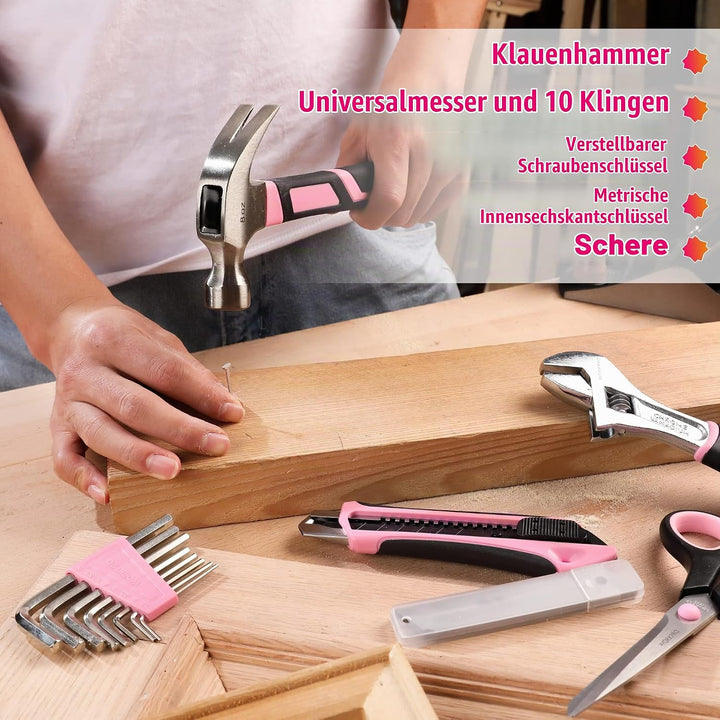 WORKPRO 53-tlg. Werkzeug Set Rosa mit Akkuschrauber klein, pink Werkzeugtasche gefüllt für Haushalt