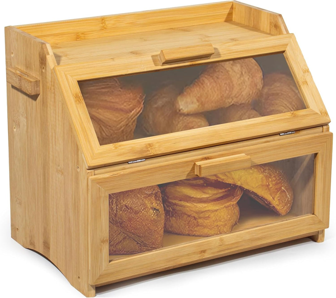 Bambus Brotkasten mit Belüftung, Grosser Brotbox, 2 Etagen und Sichtfenster, Holz Brotbehälter für H