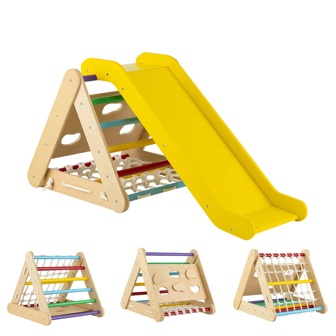 DREAMADE 4 IN 1 Kletterdreieck mit Rutsche und Kletternetz, Holzdreieck Kletterspielzeug aus Holz, I