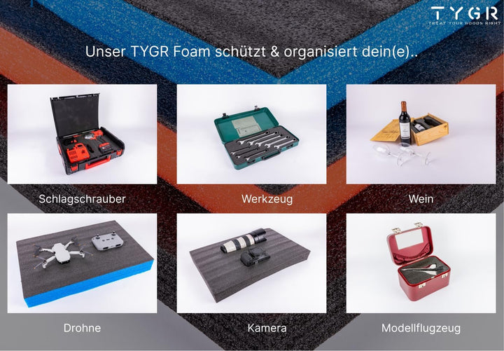 TYGR Multilayer Schaumstoff 1000x600x30 schwarz für Werkzeug, Kamera & Co. | Einfaches Bearbeiten |
