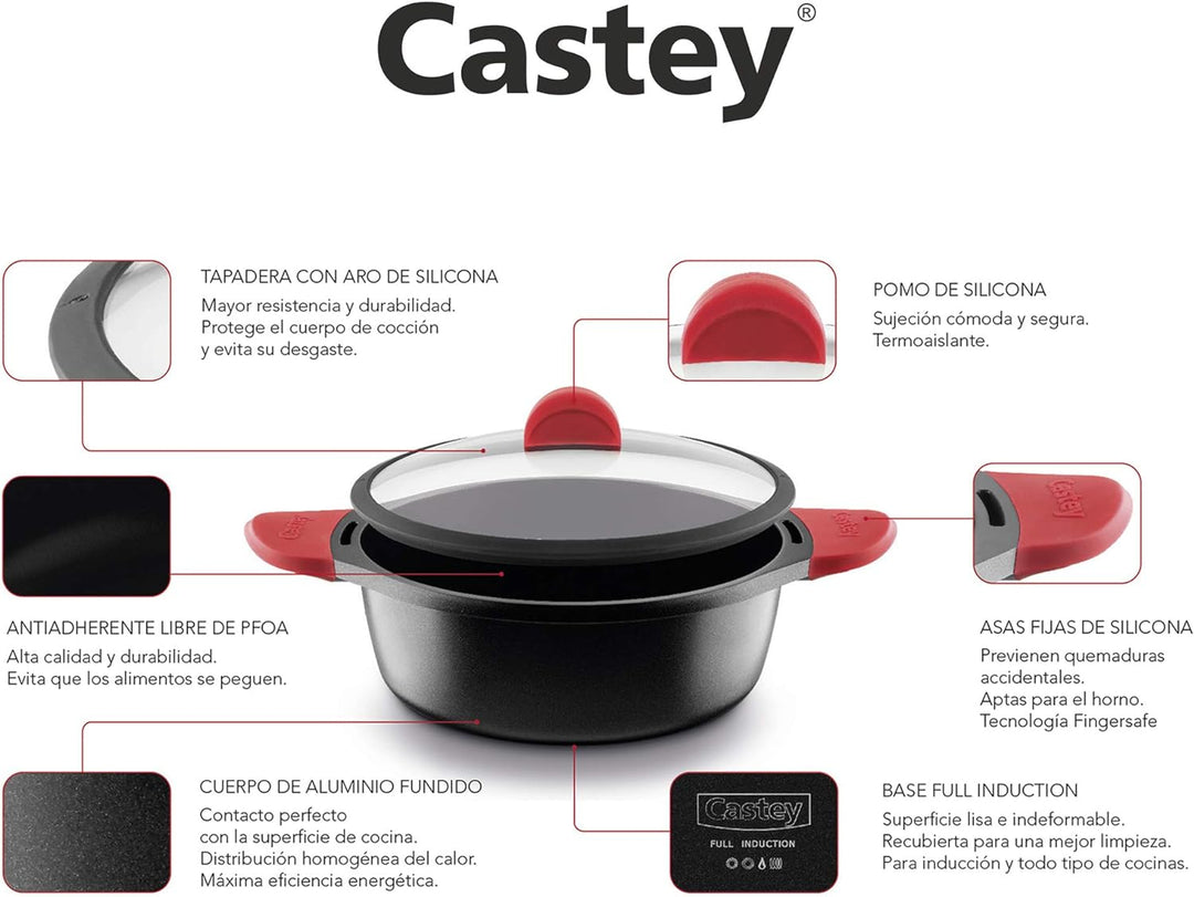 Castey Fundix Flache Kasserolle / 28 cm / mit Deckel 30 cm / Perfekte Wärmeverteilung / Sicheren und