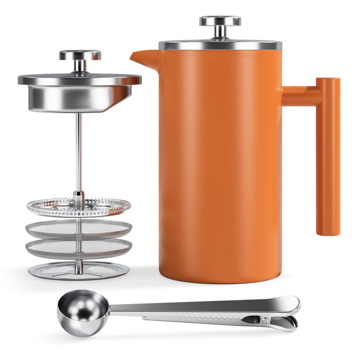 Enfmay French Press, Edelstahl Kaffeebereiter French Press 1L mit 4-Lagigem Filtersystem, Doppelwand