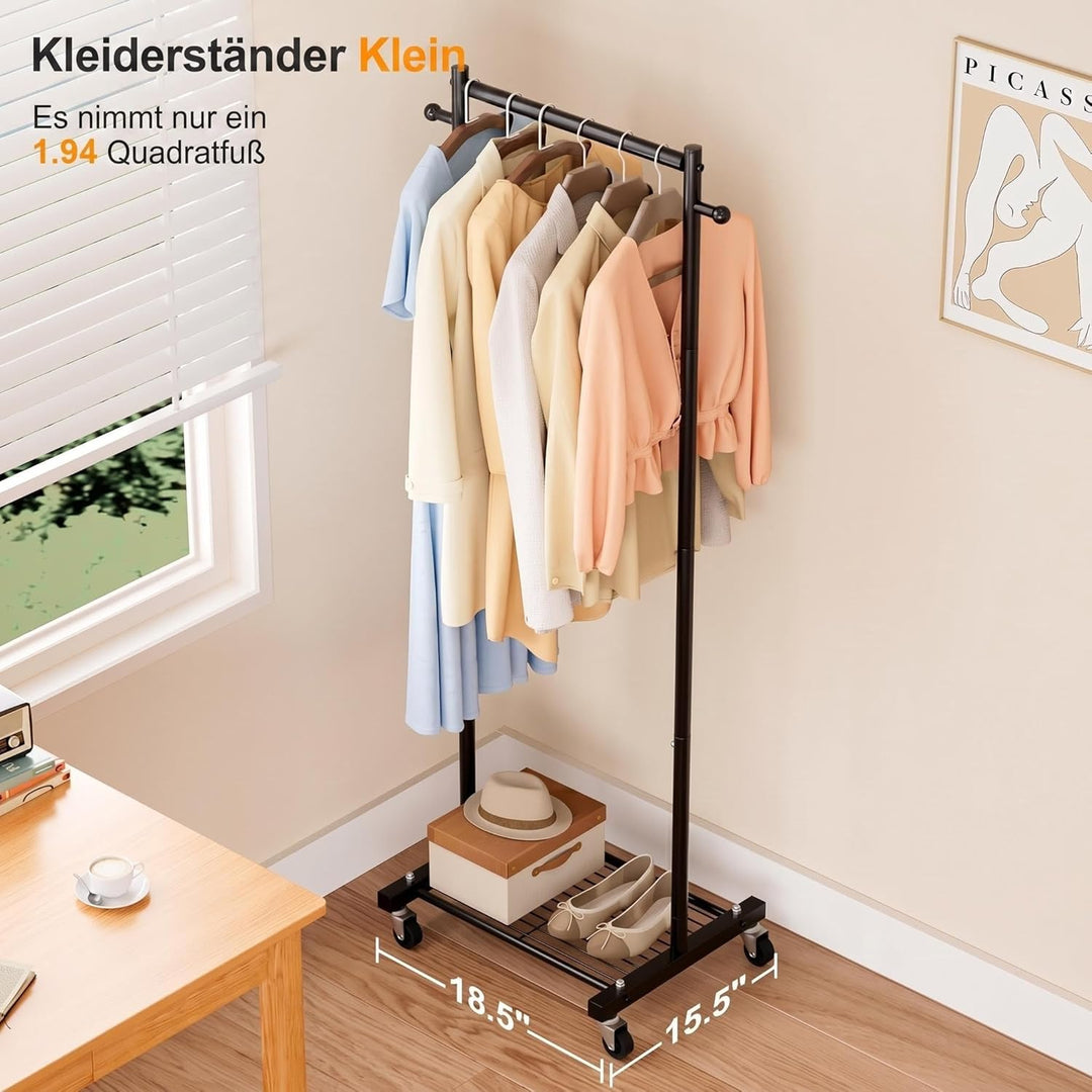 MISSLO Kleine Kleiderstange auf Rollen, Schmal Kleiderständer mit Ablagen, 152 cm Metall Garderobens