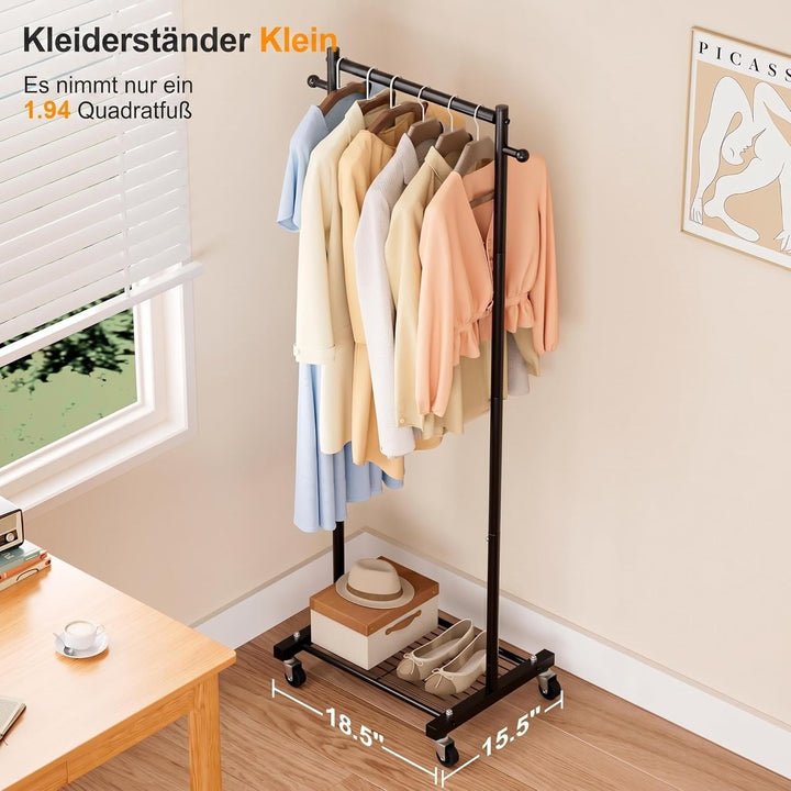 MISSLO Kleine Kleiderstange auf Rollen, Schmal Kleiderständer mit Ablagen, 152 cm Metall Garderobens