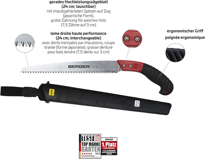 Berger Obstbaumsäge 64740 mit auswechselbarem Sägeblatt inklusive Schutzköcher, Länge: 24 cm Astsäge