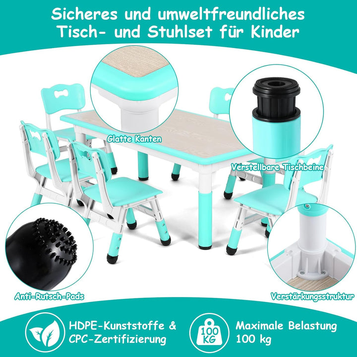 MAMIZO Kindertisch mit 6 Stühlen, Kindertischgruppe Höhenverstellbar Packung, Kinder Tisch Stuhl Set