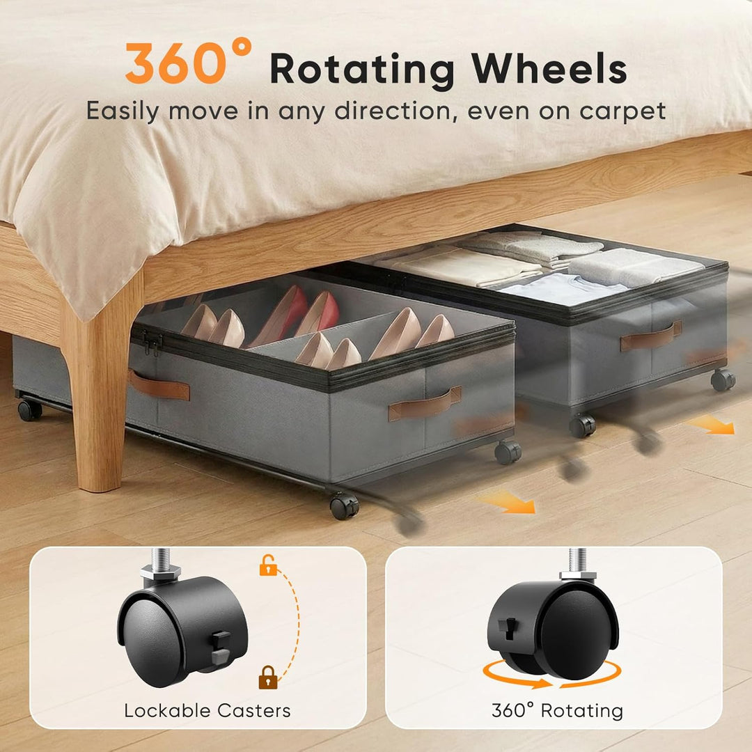 2 Stück Unterbett Aufbewahrungsbox 72L, Unterbettkommode Bettkasten mit Rollen 360°Drehung& PVC deck