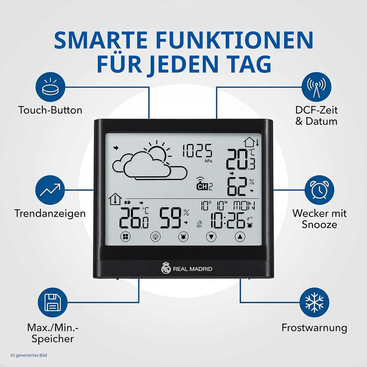 Real Madrid Wetterstation mit Aussensensor, Touch-Display, Frostwarnung, DCF-Signal, Weiss