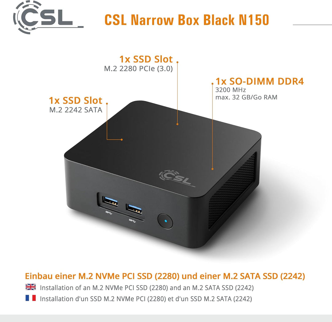 Mini PC CSL Narrow Box Black Windows 11 Pro, Intel N150 4X 3600 MHz Turbotakt, 500 GB M.2 SSD, 16 GB